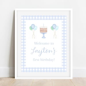 Baby Boy Birthday Party Welcome Sign Blue Gingham | Digital Download | H104