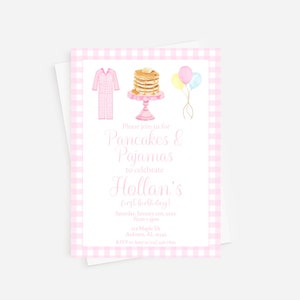 Pancakes & Pajamas Girl Birthday Invitation | Pink Gingham | Digital Download | H108