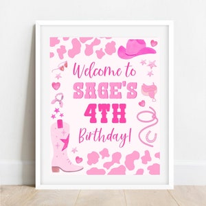 Panneau de bienvenue rose pour fête d'anniversaire western cowgirl | Téléchargement numérique | H101