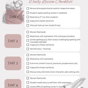 May include: A beige and brown "McGuffey Primer" daily lesson checklist. The checklist includes tasks for each day, such as reviewing flashcards, reading stories, and copywork. The image also features an illustration of a mother and child.