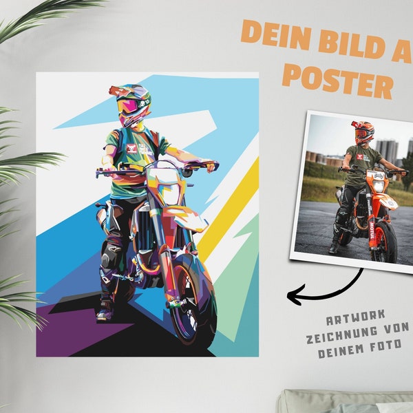 Personalisiertes Pop Art Motorrad Poster. Dein Bild als Kunst Zeichnung. Custom Geschenk für Motorradfahrer | Geburtstagsgeschenk für Männer