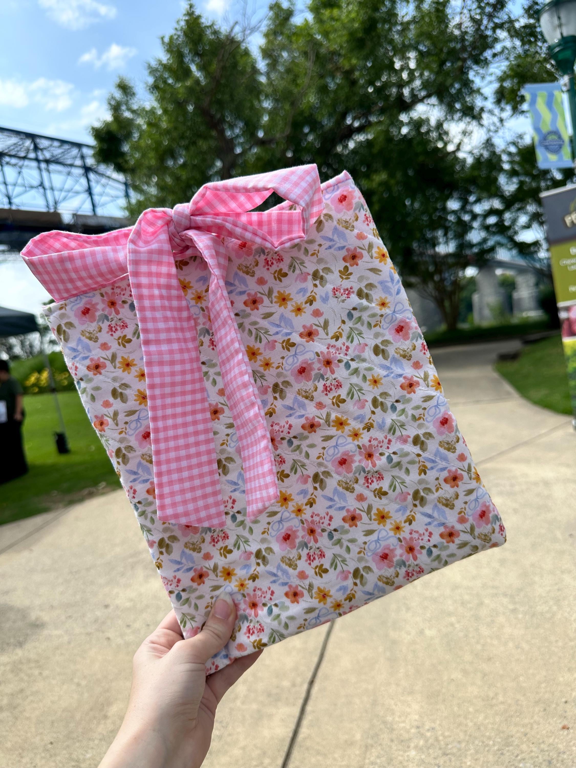 Floral Quilted Book Sleeve with Bow | Handmade Padded Cover for Books, Kindle, iPad, or Bible