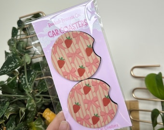Posavasos de coche con lazo de fresa / Juego de 2 posavasos de neopreno