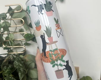 Cat and Houseplant Tumbler | 20oz Stainless Steel Cup with Lid & Straw | Black Cats and Indoor Jungle Vibes