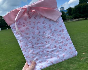 Handmade Pink Bow Book Sleeve Quilted Coquette Book, Bible, IPad, or Kindle cover | Soft Girl Bookish Gift