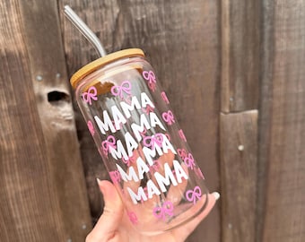 Mama Glass Can Cup: Bow Design, Bamboo Lid & Glass Straw
