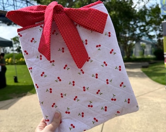 Quilted Cherry Book Sleeve with Red Bow | Padded Cover for Books, Kindle, iPad, or Bible