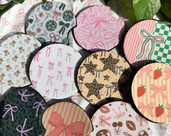 Car Coasters Set of 2 | Coquette, Girly, Bow, Cherries, Bears | Neoprene and Absorbent | Car Accessories