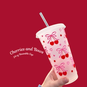 Cherry Bow 24oz Tumbler Cup: Girly Iced Coffee Cup with Lid and Straw