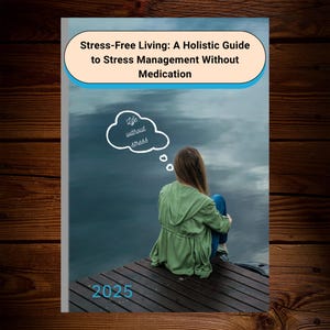 Puede incluir: Portada de libro titulada "Stress-Free Living: A Holistic Guide to Stress Management Without Medication". La imagen muestra a una persona sentada en un muelle de madera, con una burbuja de pensamiento que dice "Life without stress". El año "2025" está en la parte inferior.