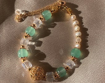 Green Aventurine Bracelet with Gold Accent charms | Adjustable