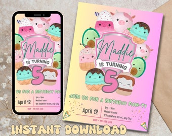 Editable Squishmallow Birthday Invitation Template- Digital Canva Girl Bday Invite, Printable Kids Squishy Party Card, Instant Download