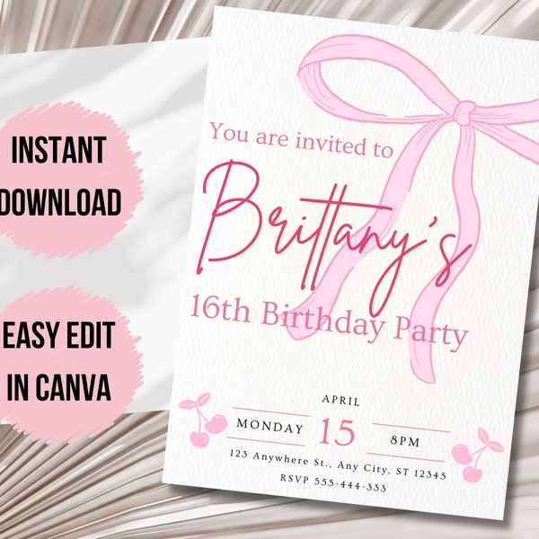 Pink Bow Birthday Invitation- Editable Minimalist Coquette Invite, Custom Printable Watercolor Ribbon Party Card, Digital Canva Template