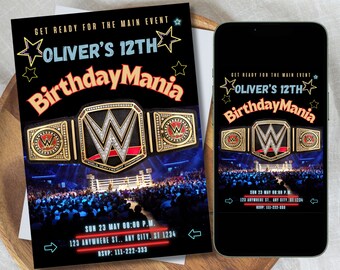 Editable Wrestling Birthday Invitation Template- Digital Canva Mania Bday Invite, Printable Kids Wrestle Themed Party Card- Instant Download