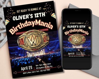 Modello di invito di compleanno di wrestling modificabile - Invito di compleanno di Canva Mania digitale, biglietto per festa a tema Wrestle stampabile per bambini - Download istantaneo