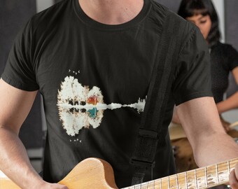 Guitarist Shirt Gift, Nature Guitar T Shirt, Musician T Shirts, Retro Sunset behind Trees, Forest Landscape Lake Minimalist City Skyline.