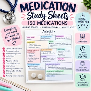 May include: A digital medication study sheet for nursing students featuring a detailed Amlodipine pharmacology chart. The document includes sections for trade name, therapeutic class, indications, action, side effects, contraindications, and nursing interventions.