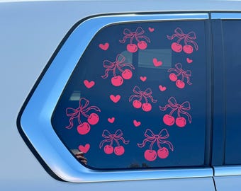 Cherries Cherry Stem with Hearts Full Coverage Car Window Decal, Vinyl Decal Sticker, Rear Window Decal, Car Accessories