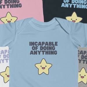 Funny baby onesie bodysuit making fun of babies. Funny unique baby clothes with cute star. Funny girl or boy baby shower gifts and presents.
