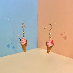 Strawberry Swirl Soft Cone Earrings, miniature polymer clay food earrings, gift for her
