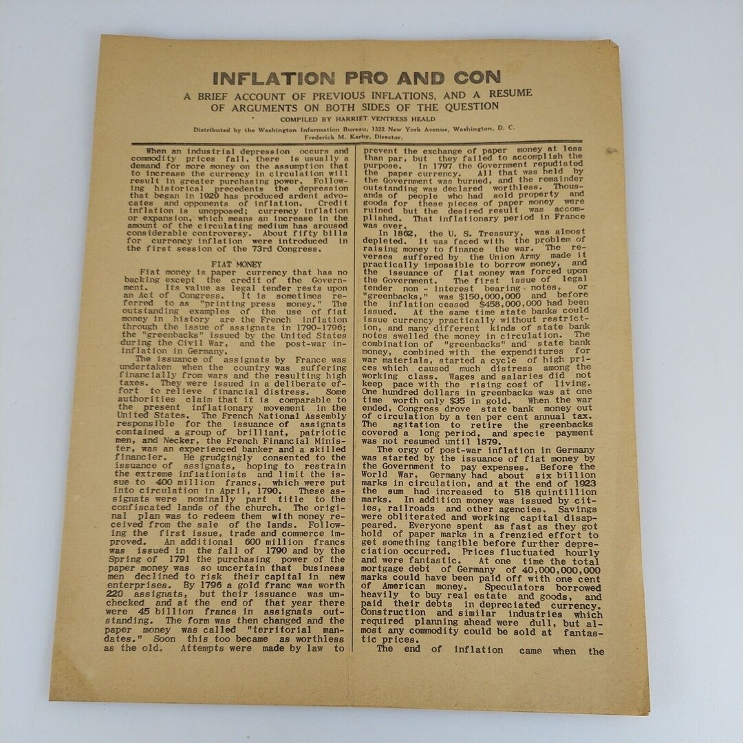 Inflation Pro and Con Harriet Heald Washington Information Bureau 1930 ...