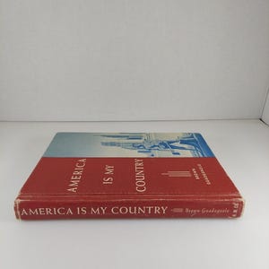 Puede incluir: Un libro de tapa dura rojo titulado "America Is My Country" de Brown-Guadagnolo. La portada del libro presenta una ilustraci&oacute;n azul y blanca de una persona caminando frente a un horizonte urbano.