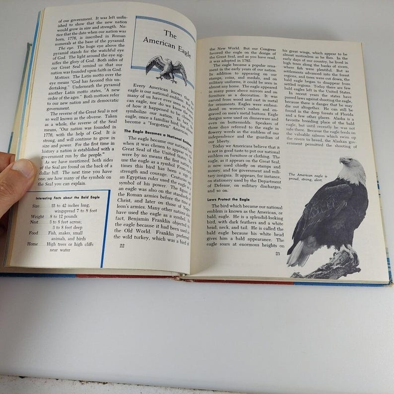 Puede incluir: Una p&aacute;gina de libro vintage con una foto de un &aacute;guila calva, el ave nacional de los Estados Unidos. El texto describe la historia y el simbolismo del &aacute;guila. El &aacute;guila est&aacute; posada en una rama con las alas extendidas.