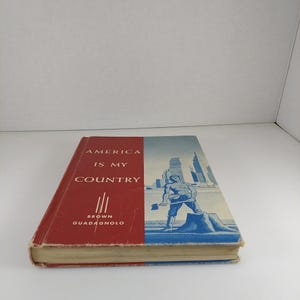Puede incluir: Un libro rojo y azul titulado "America Is My Country" de Brown Quadagnolo. La portada presenta a un hombre con un hacha de pie frente a un paisaje urbano.