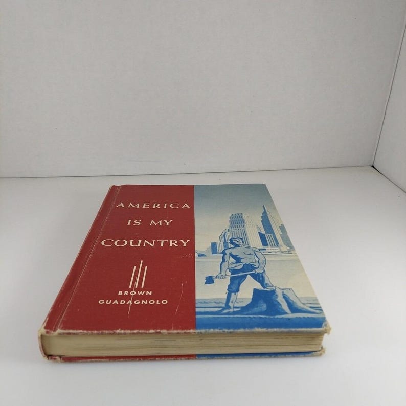 Puede incluir: Un libro rojo y azul titulado "America Is My Country" de Brown Quadagnolo. La portada presenta a un hombre con un hacha de pie frente a un paisaje urbano.