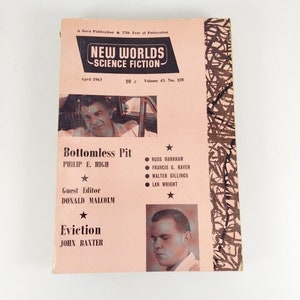 May include: A vintage April 1963 issue of "New Worlds Science Fiction" magazine. The cover is light pink with black and white text and images. Features include "Bottomless Pit" by Philip E. High and "Eviction" by John Baxter.