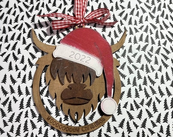 2022 highland cow Ornament with santa hat digital file/ Glowforge svg/ Laser Ready