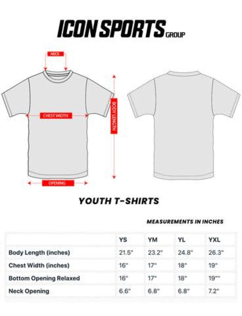 May include: Diagram of youth t-shirts with measurements in inches. The image shows the front and back of a t-shirt, with labels for body length, chest width, and neck opening. A table provides measurements for sizes YS, YM, YL, and YXL.