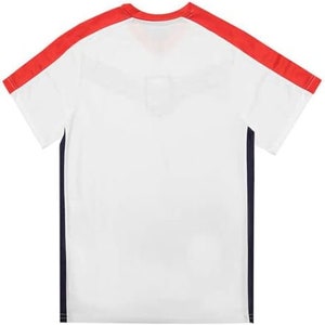 May include: White short-sleeved t-shirt with red and navy blue trim along the shoulders and sides.