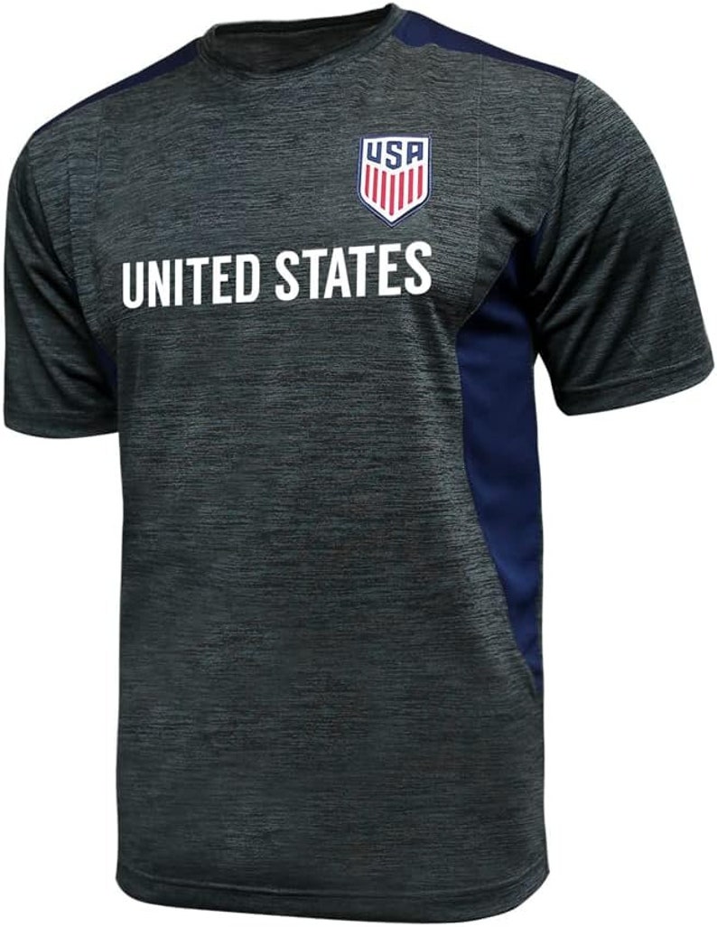 May include: A dark gray and navy blue short-sleeved t-shirt with a white "UNITED STATES" text and a red, white, and blue "USA" logo on the front.