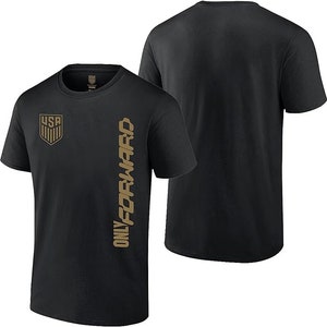 May include: Black t-shirt with a gold "USA" logo and the text "ONLY FORWARD" printed vertically on the right side.