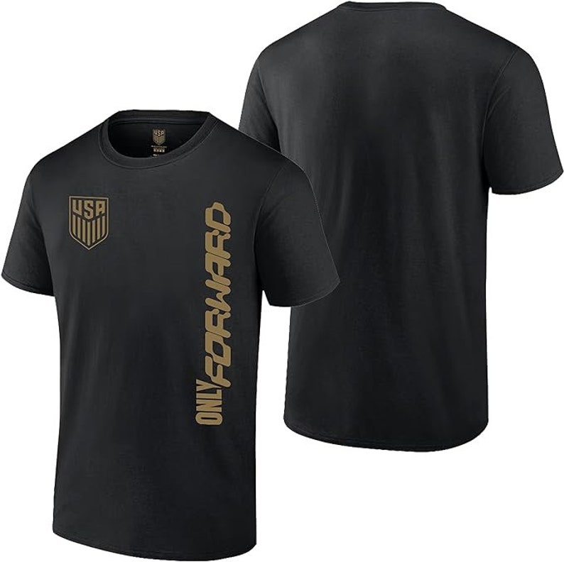 May include: Black t-shirt with a gold "USA" logo and the text "ONLY FORWARD" printed vertically on the right side.