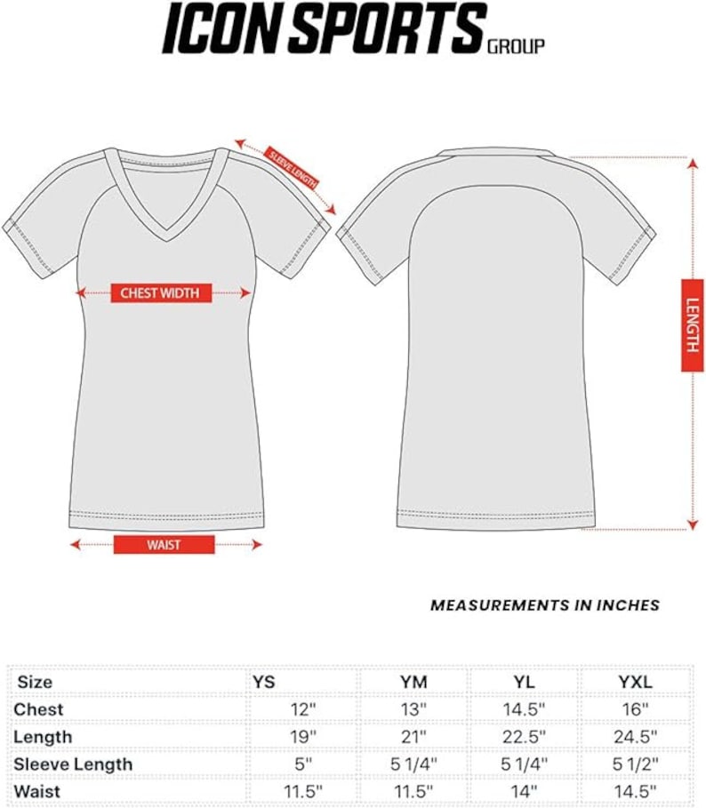 Pu&ograve; includere: Tabella delle taglie per una t-shirt con misure in pollici per il petto, la lunghezza, la lunghezza della manica e la vita. Le taglie includono YS, YM, YL e YXL.