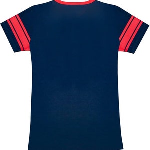 May include: A navy blue t-shirt with red and white stripes on the sleeves.