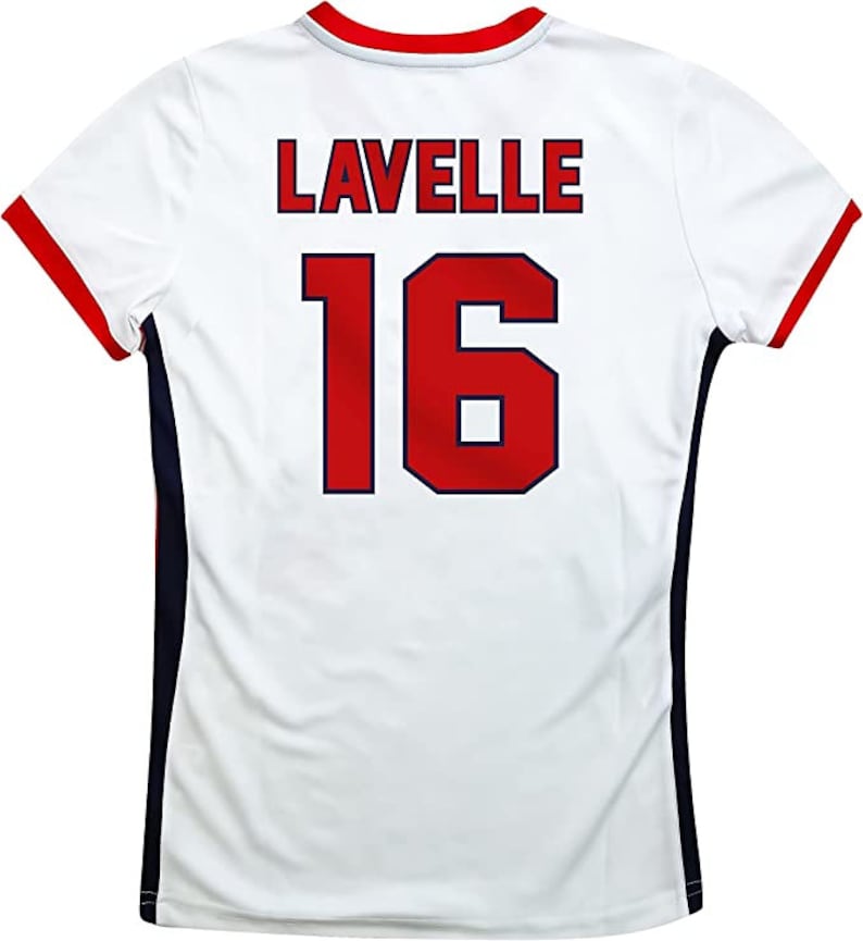 May include: White jersey with red and blue trim. The back of the jersey has the name "LAVELLE" and the number "16" in red with a blue outline.