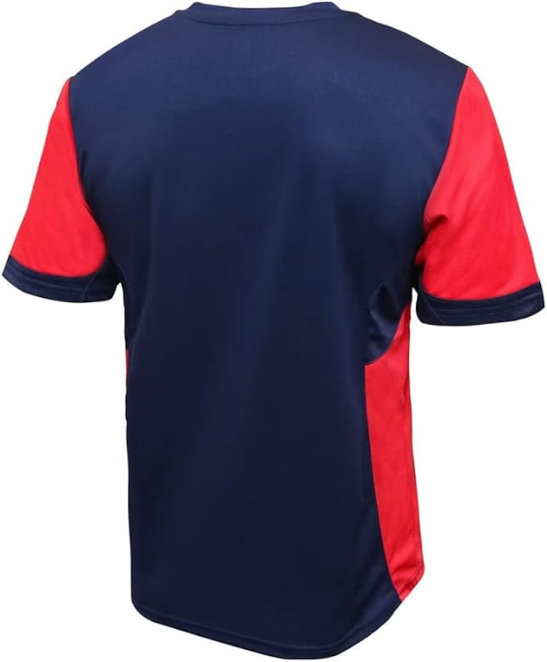 May include: A navy blue short-sleeved jersey with red side panels. The jersey has a crew neck and a plain design.