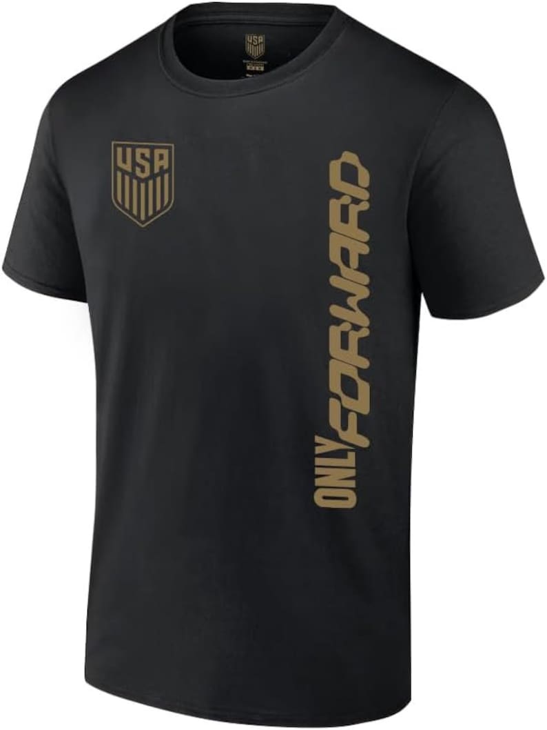 May include: Black t-shirt with a gold USA crest on the left chest and the words "ONLY FORWARD" vertically down the right side.
