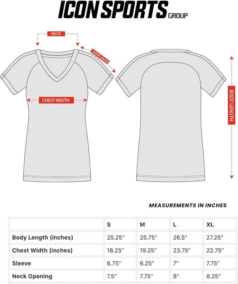 May include: Size chart for a women's t-shirt with measurements in inches for neck opening, chest width, sleeve length, and body length. Sizes include S, M, L, and XL.