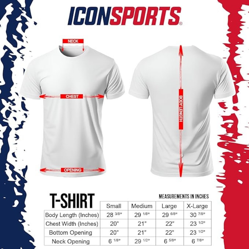 May include: A white t-shirt with measurements for different sizes. The measurements are in inches for body length, chest width, bottom opening, and neck opening. The sizes are small, medium, large, and x-large.