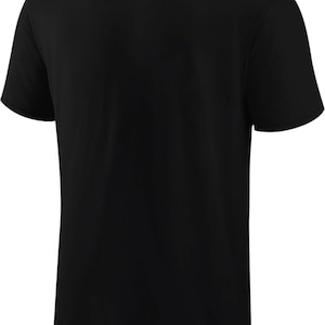 May include: A solid black t-shirt with short sleeves. The shirt is made of a soft, opaque fabric and has a crew neck. The back of the shirt is visible, showing the simple, classic design.