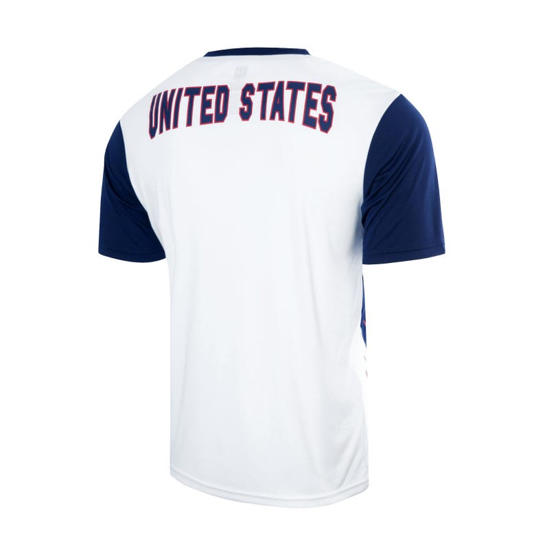 May include: White short-sleeved t-shirt with a navy blue and white color block design. The back of the shirt has the text "UNITED STATES" in red.