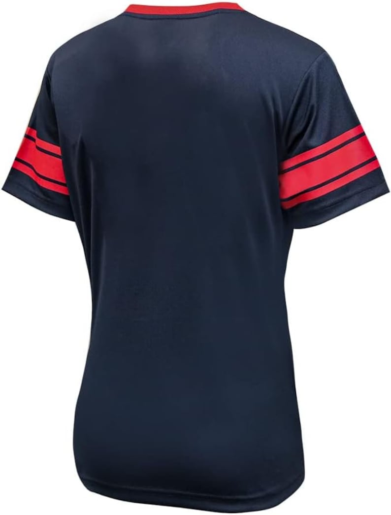 May include: A navy blue short-sleeved t-shirt with red stripes on the sleeves.