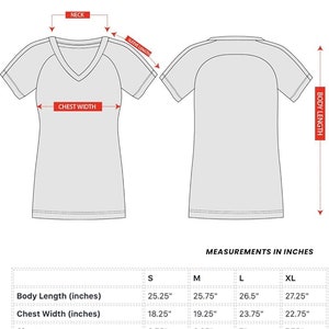 May include: Size chart for a women's t-shirt with measurements in inches for neck opening, chest width, sleeve length, and body length. Sizes include S, M, L, and XL.