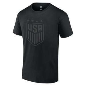 May include: Black t-shirt with a black and white USA crest graphic on the front. The crest features five stars above the word "USA" and a shield with vertical stripes.