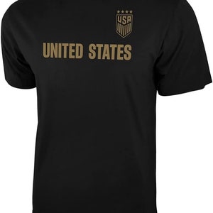U.S. Soccer Federation USWNT Soccer T-Shirt Adult Size Black with Small Gold Logo - Personalized Your Name and Number