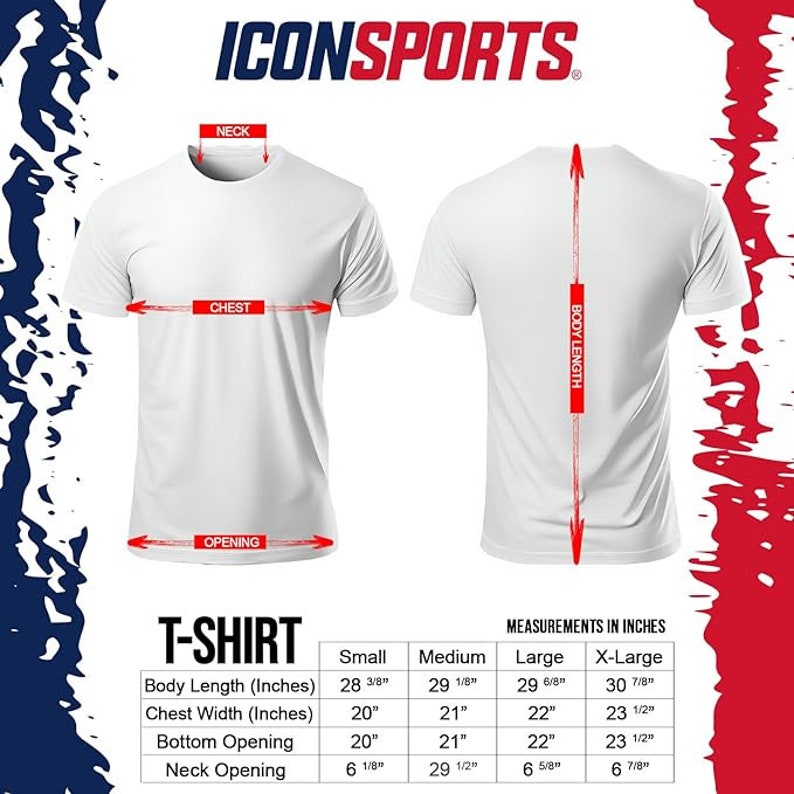 Może przedstawiać: Biały t-shirt z wymiarami dla r&oacute;żnych rozmiar&oacute;w. Wymiary podane są w calach dla długości ciała, szerokości klatki piersiowej, dolnego otworu i otworu na szyję. Rozmiary to mały, średni, duży i bardzo duży.